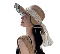 Gwy416 Chapeau de paille de plage pour femme avec trou pour queue de cheval et visière à large bord pliable, kaki, Taille unique