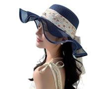 Gwy416 Chapeau de paille de plage pour femme avec trou pour queue de cheval et visière à large bord pliable, bleu marine, Taille unique