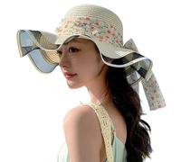 Gwy416 Chapeau de paille de plage pour femme avec trou pour queue de cheval et visière à large bord pliable, blanc, Taille unique