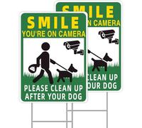 GXGGUS Lot de 2 panneaux « Pick Up After Your Dog » - 33 x 25,4 cm - Piquet en H double face en métal « Smile Your on Camera » - Panneau « No Pooping Dog » pour cour, « Please Clean Up After Your Dog