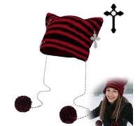 GXGM 1 Pièce Unisexe Avec Oreilles de Chat,Yabi Bonnet Tricoté, Restez au Chaud en Automne et en Hiver,Avec Pompon en Peluche et Décorations en Forme de Croix(Noir-Rouge)