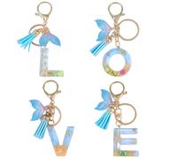 GXGM 4 pièces lettres océan porte-clés pendentif, porte-clés accessoire pompon, porte-clés bleu, accessoire d’été, cadeau d’anniversaire pour les femmes, meilleurs cadeaux d’ami