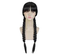 GXGM Perruque Tressée Noire, Style Mercredi Addams, Fibres Synthétiques de Haute Qualité, Frange et Tresses Doubles, Taille Ajustable, Parfaite pour Cosplay, Halloween, Soirées à Thème