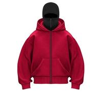 GXJIXf Masked Hoodies for Men, Winter Double Hooded Zip Sweatshirt, Built-in Balaclava, Fleece-Lined, Fashion & Casual (Red-B,S)