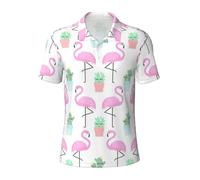 GXUNGT Flamant rose tropical, imprimé cactus mignon, polos à manches courtes pour hommes, chemises de golf, chemises formelles à manches courtes à revers, Noir , 3XL