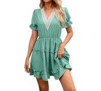 GXWYJMTE Robe d'été pour femme - Jacquard - Pompons - Col en V - Ample - Couleur unie - Taille élastique - Confortable - Respirante - Légère - Décontractée - Pour tous les jours - Mini robes d'été