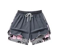 GXWYJMTE Short d'été pour femme, taille élastique, cordon de serrage, loisirs, double couche, short de sport avec poches, pantalon court invisible, confortable, respirant, léger, décontracté, pantalon