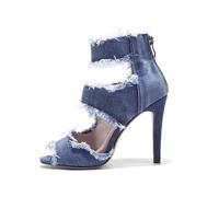 GXYHJVMFPSC Sandales en Jean à Bouche de Poisson pour Femmes Talon Aiguille Fermeture Éclair Au Dos Sandales Creuses Hauteur de Talon 10cm,Blue,36