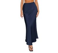 Gyaimxfu Jupe longue en satin pour femme - Couleur unie - Taille haute - Réglable - Demi-jupe en satin - Jupe moulante - Jupe d'été élégante - Taille XS à L, bleu marine, XS