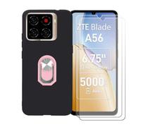 GYDQQKJ Coque avec 2X Verre Trempé écran Glass pour ZTE Blade A56 (6.75"), Housse Etui Flexible Protection Souple Silicone Gel Noir TPU Case Cover Anneau (Couleur Rose Anneau Telephone)