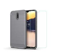 GYDQQKJ DQG Coque pour Nokia 3.2 (6,26"), Verre trempé écran + Premium TPU Film Bumper Housse Etui de Protection Silicone Shell Souple Gel Fibre Carbonique Case Cover pour - Gris