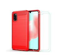 GYDQQKJ DQG Coque pour Samsung Galaxy A41 (6,1"), [2 Pièces] Verre trempé écran + Premium TPU Film Bumper Housse Etui de Protection Silicone Shell Souple Gel Fibre Carbonique Case Cover - Rouge