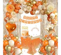 GYESXYW Decoration Anniversaire Décorations Orange Or Beige Ballons Kit avec Banderole Joyeux, Couronne, Echarpe, Rideau, Nappe, Pom Poms pour Femme Anniversaire