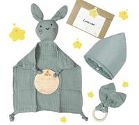 GYHWOFUL Coffret Cadeau Naissance Bébé - Doudou Lapin, Bavoir Bandana & Anneau de Dentition en Bois - Ensemble Mixte Fille & Garçon, Idéal pour Baby Shower et Cadeau de Naissance