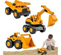 GYHWOFUL Set de 3 véhicules de Chantier pour Enfants - Jouets de Sable Tractopelle Enfant, Camion Benne, Bulldozer et Pelleteuse Enfant à Friction, Jouets Robustes pour bac à Sable, Plage et Jardin