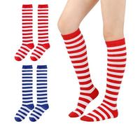 GYIOFAI 2 Paires Chaussettes Hautes femme Montantes Chaussettes de Genoux, Chaussettes Hautes Rayées Rouge Bleu et Blanc, Chaussettes longues rayées de Noël pour Halloween Cosplay Fête
