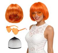 GYIOFAI 3 Pièces Orange Short Bob Perruque et Lunettes de Soleil en 1 filet à cheveux, perruque courte au carré synthétique colorée et amusante, pour Bachelorette Neon Party, Halloween (Orange)