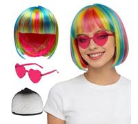 GYIOFAI 3 Pièces Perruque Arc-en-Ciel Femmes, Perruque Bob Disco avec Frange, Cheveux Synthétiques avec Bonnet et Lunettes de Soleil Fête à Thème Carnaval Soirée Déguisée (Arc-en-Ciel)