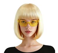 GYIOFAI Carré Blonde Perruque Partyrama avec Lunettes pour Femme, Raides Court Droit Bob Perruques avec Flat Frange Raides Cheveux Synthétiques pour Cosplay Halloween Costume Fête (Blonde)