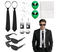 GYIOFAI Ensemble d'accessoires d'agent secret 15 pièces pour adultes - Kit de déguisement d'espion avec lunettes de soleil, cravate, bague, fausses oreilles, accessoire de carte d'identité, jeu de
