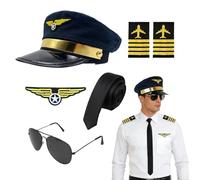 GYIOFAI Ensemble d'accessoires de déguisement de capitaine de pilote de ligne 6 pièces pour Halloween, chapeau d'aviateur, brassard, badge, lunettes à cravate, pour cosplay, fête (bleu marine)
