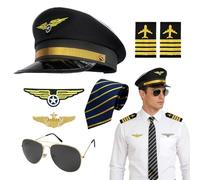 GYIOFAI Ensemble de 7 accessoires pour costume de capitaine de pilote, kit de déguisement de capitaine d'avion militaire pour Halloween, chapeau d'aviateur, brassard, insigne, cravate, lunettes, pour