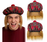 GYIOFAI Lot de 2 chapeaux écossais rouges avec cheveux roux, béret tartan avec bande élastique, chapeau écossais avec perruque, déguisement écossais, casquette de supporter du sport écossais, pour la