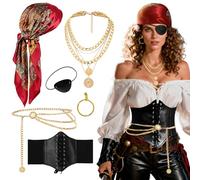 GYIOFAI Lot de 6 accessoires de costume de pirate pour femme, bandana, collier, boucles d'oreilles, corset, chaîne de taille, cache-œil pour carnaval, Halloween, fête costumée (rouge)