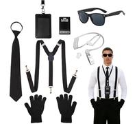 GYIOFAI Lot de 7 accessoires de costume d'agent secret, accessoires de costume pour homme en noir, accessoires d'espion de service avec lunettes de soleil, oreillettes, bretelles, cravate, porte-carte