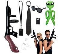 GYIOFAI Lot de 7 accessoires de costume d'agent secret, kit de jeu de rôle avec extraterrestres gonflables verts, lunettes de soleil, cravate, porte-cartes, écouteurs, carte d'identité (noir)