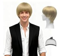 GYIOFAI Perruque Blonde Courte Homme, Perruques Carré Halloween Disco Rétro Fête Homme Bob Perruque de Cheveux avec Frange Synthétique pour Adultes Cosplay Carnaval Costume (Blonde)