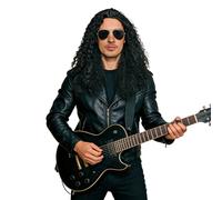 GYIOFAI Perruque Longue Noire Homme avec Lunettes pour Adulte, Perruque Bouclée Hippie Disco Halloween Fête Homme Déguisement Vague Perruques de Cheveux Synthétique pour Cosplay Carnaval (Noir)