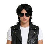 GYIOFAI Perruque Noir Courte Homme avec Lunettes pour Adulte, Perruque Mulet Rocker Disco Halloween Fête Homme Déguisement Vague Perruques de Cheveux avec Frange Synthétique pour Cosplay Carnaval
