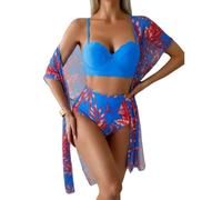 Gyios Maillot de Bain Ensemble Bikini À La Mode avec Impression Feuille - Femmes Haut Bandeau Bleu, Taille Couverture en Mousse Mousse, Maillots Contrôle du Ventre 3 Pièces-Royal Blue-m