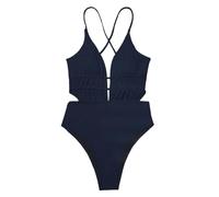Gyios Maillot de Bain Maillots À La Mode sans Dos Découpés - Côtes Profondes en V Haute Coupe pour Les Vacances Plage-Dark Blue-m