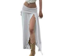 Gyios Mini-Jupe Fairycore Ruched Taille Side Split Long Jupe Plage Vacances Femmes Été Basse Couleur Solide Y2k Vintage Streetwear-White-s