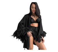 Gyios Vêtements de Nuit pour Femme sous-vêtements Féminin Shorts À Trois Pièces Imitation Silk Home Spring and Automne Pyjamas-Noir-l