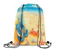 Gym Sack Tongs De Plage D'Été, Dessin Animé, Crabe Mignon, Aquarelle, Étoile De Mer, Coquillage, Dégradé, Vagues De La Mer Sacs À Cordon Unisexe Sacs Piscine Résistant Sac À Dos M