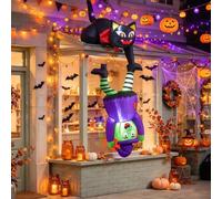 GYMAX 1,9m Décoration Gonflable Halloween SuspenduSorcière Chat Noir LED | Décor Suspendue Lumineuse d’Halloween avec Souffleur Intégré, Ornement Festif Montage Facile pour Escalier, Toit et Jardin