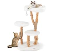 GYMAX 110cm Arbre à Chat Moderne en Bois Massif, avec Branches Naturelles et Griffoirs, Tour pour Chat en Peluche Douce et Longue avec Boule Suspendue pour Une Utilisation en Intérieur