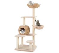 GYMAX 150cm Arbre à Chat en Bois 5 Niveaux, avec Poteaux à Griffer en Sisal, Coussin Doux et Amovible, Perchoir, Condo, Hamac Pratique, Cadre d'escalade pour Chatons Intérieur, Style Moderne