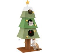 GYMAX 162cm Arbre à Chats de Thème Noël en Forme de Sapin, 3 Condos Tout Recouvert de Peluche Doux, Griffoir en Sisal et 6 Balles Suspendues à Jouer, Revêtement Amovile, Décoration Festive pour Maison