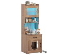 GYMAX 2-en-1 Meuble pour Chats avec Éclairage LED Ajustable, Station de Recharge Intégrée, Espace Cache Bac à Litière, Rangement de Nourriture, Niche avec Entrées Multiples (Naturel)