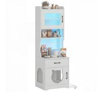 GYMAX 2-en-1 Meuble pour Chats avec Éclairage LED Ajustable, Station de Recharge Intégrée, Espace Cache Bac à Litière, Rangement de Nourriture, Niche avec Entrées Multiples (Blanc)