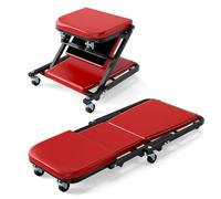 GYMAX 2 en 1 Tabouret d'Atelier Pliable à Rooulettes, Chariot de Visite pour Réparation de Voiture, Capacité jusqu'à 150 kg, Siège Mobile pour Bricolage Automobile (Rouge)