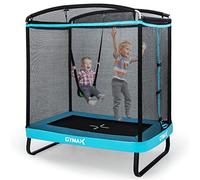 GYMAX 2-en-1 Trampoline Extérieur Enfants avec Balançoire, Grand Trampoline de Jardin pour 2 Enfants 3 Ans+, Filet de Sécurité, Tapis de Saut sans Vide, Patins Antidérapants, 190X122X210CM (Bleu)