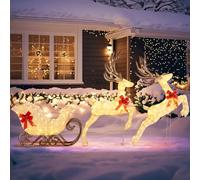 GYMAX 2 Rennes avec Traîneau Lumineux, Décoration de Noël Extérieur Intérieur avec Lumière Blanc Chaud, Filet Doré et Poudre Scintillante, Piquets de Sol Fournis