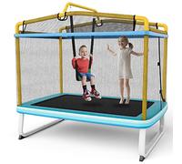 GYMAX 3-en-1 Trampoline Extérieur Enfants & Balançoire & Barre Horizontale, Cadre Robuste, Charge 220kg, Filet de Sécurité, Patins Antidérapants, Trampoline Jardin pour 2 Enfants 3 Ans+ (Jaune)