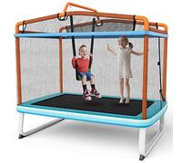 GYMAX 3-en-1 Trampoline Extérieur Enfants & Balançoire & Barre Horizontale, Cadre Robuste en Métal, Filet de Sécurité, Patins Antidérapants, Grand Trampoline de Jardin pour 2 Enfants 3 Ans+ (Orange)