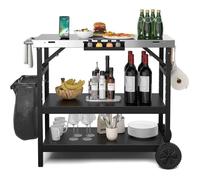 GYMAX 3 Niveaux Chariot Barbecue Pliable avec 2 Roues, Desserte Plancha en 201 Acier Inoxydable, Tablette à Épices, 106x52x84cm